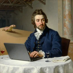 baroque oil painting handsome aristocrat in blue suit playing a laptop in warehouse, painted by greg rutkowski cushart krentz jeremy mann, dune sandworm, wine glass, marble interior, front view, close up shot, soft lighting, elegant, morandi color scheme, white embroidered tablecloth, baroque style