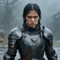 angry mila kunus, wearing rain soaked armour in heavy rain, incredibly fine detailed portrait, battle angel alita, black and white, red tints, dynamic angle, pencil and ink manga, elegant, full body profile, far way wide angle 3 5 mm camera shot, highly detailed, dramatic full moon lighting, gothic castle prodominently in the background, movie cover