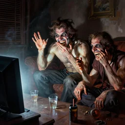 soul lobotomization of happy and stupid vile people while watching tv, by frank frazetta, jeff easley, realistic, dramatic lighting, fantastic reality, 8 k resolution