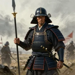 portrait of a samurai spearman, on a windswept battlefield, holding a spear, art by greg rutkowski