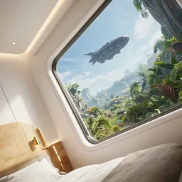 angled tilted closeup to a corner in a white futuristic very comfy and well lit bedroom, with deus ex : mankind divided wood and gold decorations and details, led details, and a huge futuristic glass window overlooking a lush alien planet environment from ps 5 returnal game, a black ship in the sky, environmental lighting, clear weather and alien skies, ray tracing, amazing view, highly detailed, octane render, unreal engine 5, 4 k