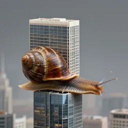 a snail carrying skyscraper building on its back, realistic, detailed