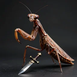 portrait of anthropomorphic mantis religiosa ; hard predatory look ; d & d rogue ; brown colored ; powerful front forelegs holding an enchanted dagger ; flat triangle - shaped head with thin thread - like antennae ; concept art ; artstation ; 8 k ; wallpapers ; heavy contrast ; cinematic art ; cgsociety ; art by greg rutkowski and artgerm