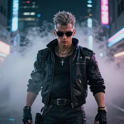 Cyberpunk Saitama wearing sunglasses coming out from foggs, Neon, agent, cool pose, light atmosphere, cinematic shot, intricate, ornate, photorealistic, ultra detailed, realistic, 100mm, photography, octane, high definition, depth of field, bokeh, 8k, artstation