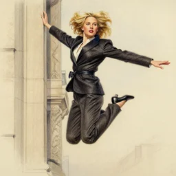medium shot portrait, blonde female, ready to jump from a building, detailed clothing elegant, drawing by j scott campbell