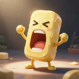 cartoon a stick of butter screaming in pain, cell shaded
