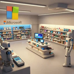 environment art matte painting of a 2 0 5 0 s microsoft retail interior, phones, tablets, robots and mannequins, by craig mullins, greg rutkowski trending on artstation, 4 k
