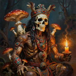 fine painting of a death shaman from an ancient culture with mushrooms growing from his body, candlelight, 8 k, ultra realistic, lens flare, atmosphere, glow, detailed, intricate, full of colour, cinematic lighting, trending on artstation, 4 k, hyperrealistic, focused, extreme details, unreal engine 5, cinematic, masterpiece