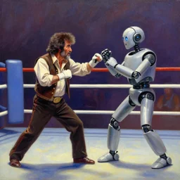 a man dressed as Bob Ross is fighting against a robot in a boxing ring, Tonalism, Atmospheric painting, detailed