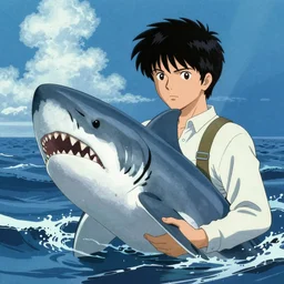 illustration of a cinematic still from Jaws (1974) by Junji Ito