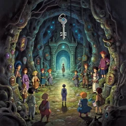 key shot of ancient underground dungeon, studio ghibli, bloom, anime key art, gloomhaven, organic painting, hard edges, luminescent, octane render, by greg manchess, huang guangjian, gil elvgren, sachin teng, greg rutkowski, jesper ejsing, rhads, ilya kuvshinov, cushart krenz, anton fadeev