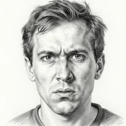 Close-up of the angry man, pencil drawing. El Greco, Remedios Varo, Salvador Dali, Carl Gustav Carus, John Atkinson Grimshaw. Blue tint. Symetrical, logo, geometric shapes.