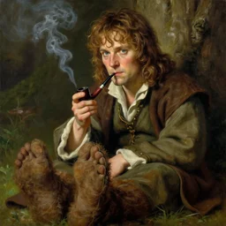 dara o briain as peregrin pippin took, hobbit sitting with his large hairy feet up smoking a pipe, by alan lee, lord of the rings, smooth, oil painting, matte painting, concept art, trending on artstation, promotional artwork, film still, elegant, photorealistic facial features, intricate, detailed face, cinematic lighting