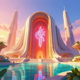 a matte painting of a Modern Atlantis temple of dynasty highly detailed futuristic architecture by Frank Lloyd Wright and Zaha Hadid, reflective lighting, huge holographic logo, ground-level view, puddles of turquoise water, stunning sunny lighting, sunrise, vivid colors, in the style of pixar animation, trending on Artstation, 8k, matte painting, ray tracing, hyper detailed, unreal engine 5, cinematic, epic lighting, cryengine, octane render, cyberpunk, red and orange glow, vibrant