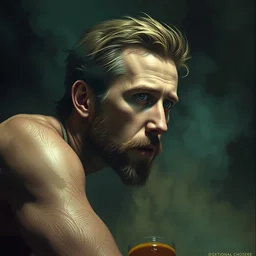 ryan gosling in an irish stew, hyper detailed, digital art, artstation, cinematic lighting, studio quality, smooth render, by peter mohrbacher, hajime sorayama, wayne barlowe, boris vallejo, aaron horkey, gaston bussiere, craig mullins, caravaggio