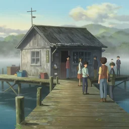 movie scene of a old wooden dock and bait and tackle shack on a very misty day, greg rutkowski, loish, rhads, ferdinand knab, makoto shinkai and lois van baarle, artgerm, ian mcque, pixar, ilya kuvshinov, rossdraws, tom bagshaw, global illumination