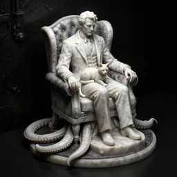 isometric view huge and very detail marble statue - howard phillips lovecraft dressed suit sit in tall leather armchair, lap the cat, big tentacle as circle lie on floor, and wall darkness, cast iron material, black background, octane render, backlight, highly detailed intricate matte sharp focus digital painting artstation pixiv