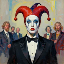 half figure portrait of a morphed harlequin faced woman with cigarettes in mouth and tuxedo by james jean and luc tuymans and vincent lefevre and hernan bas and pat steir and hilma af klint, digital paint, glitch, psychological, dripping paint, generative art, 8 k high quality render, altermodern, masterpiece