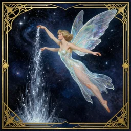 a woman with glass wings hovering over the galaxy, pouring water and stars into outer space. illustrated in an art deco style by georges lepape and an elegant border by tamara de lempicka | studio lighting | digital painting, stunning lighting, trending on artstation