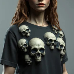 model wearing a t - shirt with various skulls carved into the surface, intricate details, photorealism, 8 k, octane render, stunning craftsmanship, artstation