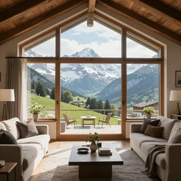 a beautiful swiss home the mountains set the view inside of a living room the olivia room have a lot of windows the windows have a view of the beautiful mountains of switzerland it a sunny day professional photograph