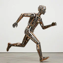 a contemporary art sculpture of a tall man running with long arm and a big head, in the style of jean tinguely, made of intricate metal and wood, thick paint, intricate, dirty, leds, indoor, studio lighting, hyper realistic, detailed, 8 k
