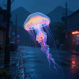 jellyfish floating in the street at night after the rain, with the silhouette of distant mountains in the background, surreal, cyberpunk, psychedelic, highly detailed, digital art, darek zabrocki, 8 k