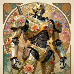 colourful vfx art - portrait of army mecha robot wrapped in flowers & vines, art by alphonse mucha & james jean, volumetric light, ray tracing, sharp, detailed, digital painting, illustration, highly detailed, intricate detail, unreal engine, octane render, pinterest, behance, art station,