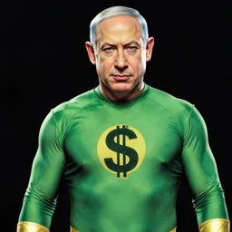 Benjamin Netanyahu as a superhero wearing a green leotard with a dollar sign on his chest, by Neal Adams, highly detailed