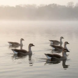 geese swimming in a calm lake at sunrise, foggy, 4 k, trending on artstation