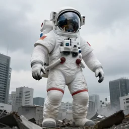 giant american spacesuit astronaut in postapocalyptic tokio, overcast