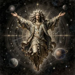 Isaac Newton as a floating eternal space god being with galaxy hair, outstretched arms, high concept space fantasy realism, full body portrait by Jim Burns and Bruce Pennington, muted colors, intricate details, beautiful epic character concept art, retro dark sci-fi cover art, rule of thirds, complex intricate physics and planets space background