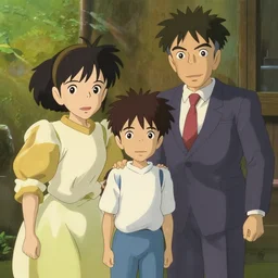 image from the new Ghibli movie The little AI, the artist and a vilain business man, in the style of Hayao Miyazaki