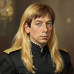 baroque oil painting rodrigo duterte ln illustration concept art lotr anime key visual portrait long flowing blonde hair blue eyes symmetrical perfect face fine detail delicate features quiet gaze fitted black military uniform gapmoe kuudere bokeh trending pixiv fanbox by greg rutkowski makoto shinkai takashi takeuchi studio ghibli