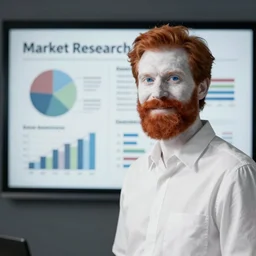 market research presenter, white skin, red beard, blue eyes, no glasses, charts, and trends on screen, smart, realistic