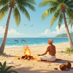 photorealistic illustration of a beach with palms trees and a cinematic view of ghandi in a yoga pose sitting close to a campfire, birds in the sky, dolphins in the ocean, footsteps in the sand, seashell and coconuts scattered around, artstation, deviantart, cgsociety