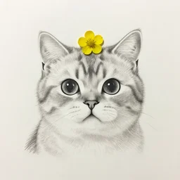 a pencil drawing of a cute cat, a small yellow flower on it head, 8 k