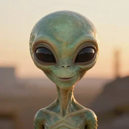 a professionally painted portrait of an alien, large eyes, friendly, symmetry, golden hour, 8k, HD