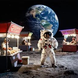 Diorama of the arrival of man to the moon, lunar walk, with the image of planet Earth in the background, year 1968, With street food stalls, street marinship stalls, dense atmosphere, colored lights, night scene, psychedelic lights in the stalls Style, Realistic, many details, ultra detailed, octane render, real engine 5