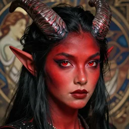 closeup hyper-realistic portrait of beautiful high-fantasy elf girl (black hair, red skin and red eyes) with two large horns coming out of her head, intricate details, by Stanley Artgerm Lau, by greg rutkowski, by thomas kindkade, by alphonse mucha, loish, by norman rockwell J.
