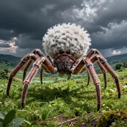 “ ominous sci - fi spider crab monster covered in white fuzzy fungus with spider - like legs, green rural country landscape by gerald brom ”