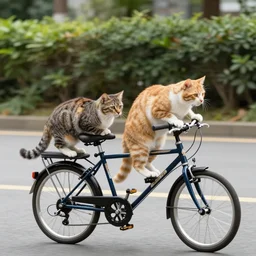 Two cats riding a tandem bike, photograph