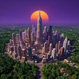 a large, domed city on an alien planet. the city is a bustling metropolis, with towering skyscrapers and busy streets. the sky is a deep purple, and the sun is a large, orange ball that hangs low in the sky. the city is surrounded by a huge, green forest.