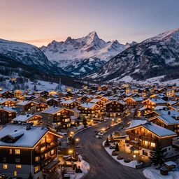 mountain valley nordic village resort, sunset lighting, hyperrealism, futurism 4 k, octane render