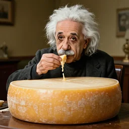 albert einstein eating a large wheel of cheese