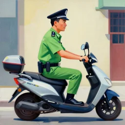 greg manchess portrait painting of asian police green uniform, sitting on moped motorbike, medium shot, asymmetrical, profile picture, organic painting, sunny day, matte painting, bold shapes, hard edges, street art, trending on artstation, by huang guangjian and ail elvgren and sachin teng