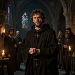 jesse eisenberg as an enigmatic medieval christian ( ( monk ) ) in a dark underground city. dark shadows, colorful, candle light, law contrasts, ( ( overcast light ) ) ) fantasy portrait by jakub rozalski, jan matejko, and j. dickenson