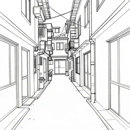 downtown back alley, line drawing, no - shadow, black and white, by makoto shinkai takashi takeuchi studio ghibli, akihiko yoshida
