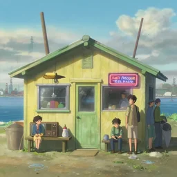 movie scene of a wooden decorated bait and tackle shack on the coast, a very misty day, industrial surrounding, painted pale yellow and green, old tv and radio hardware, a neon sign, by ian mcque ferdinand knab, makoto shinkai and lois van baarle, artgerm, pixar, ilya kuvshinov,, tom bagshaw, global illumination