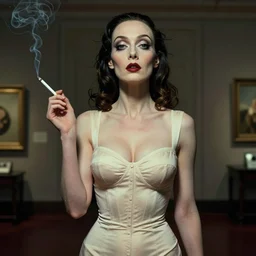 portrait of unseen lovecraftian golden ratio horror pin up girl with a cigarette, tight fit. defined neck and face, art by salvador dali joaquim phoenix and best artist in the year 3 0 0 0, post - processing, 8 k, museum worth